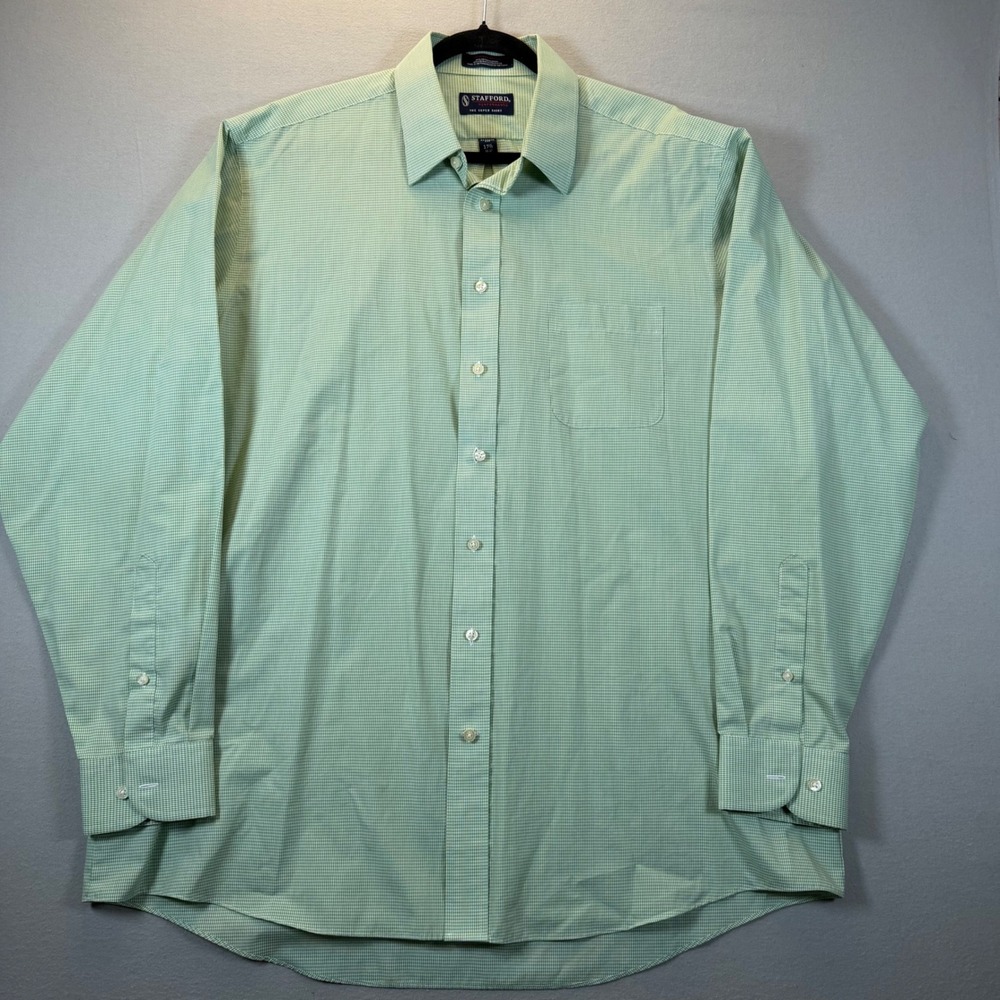 Stafford Performance Super Shirt Mens 17.5 35-37 Green Gingham Dress Shirt XL